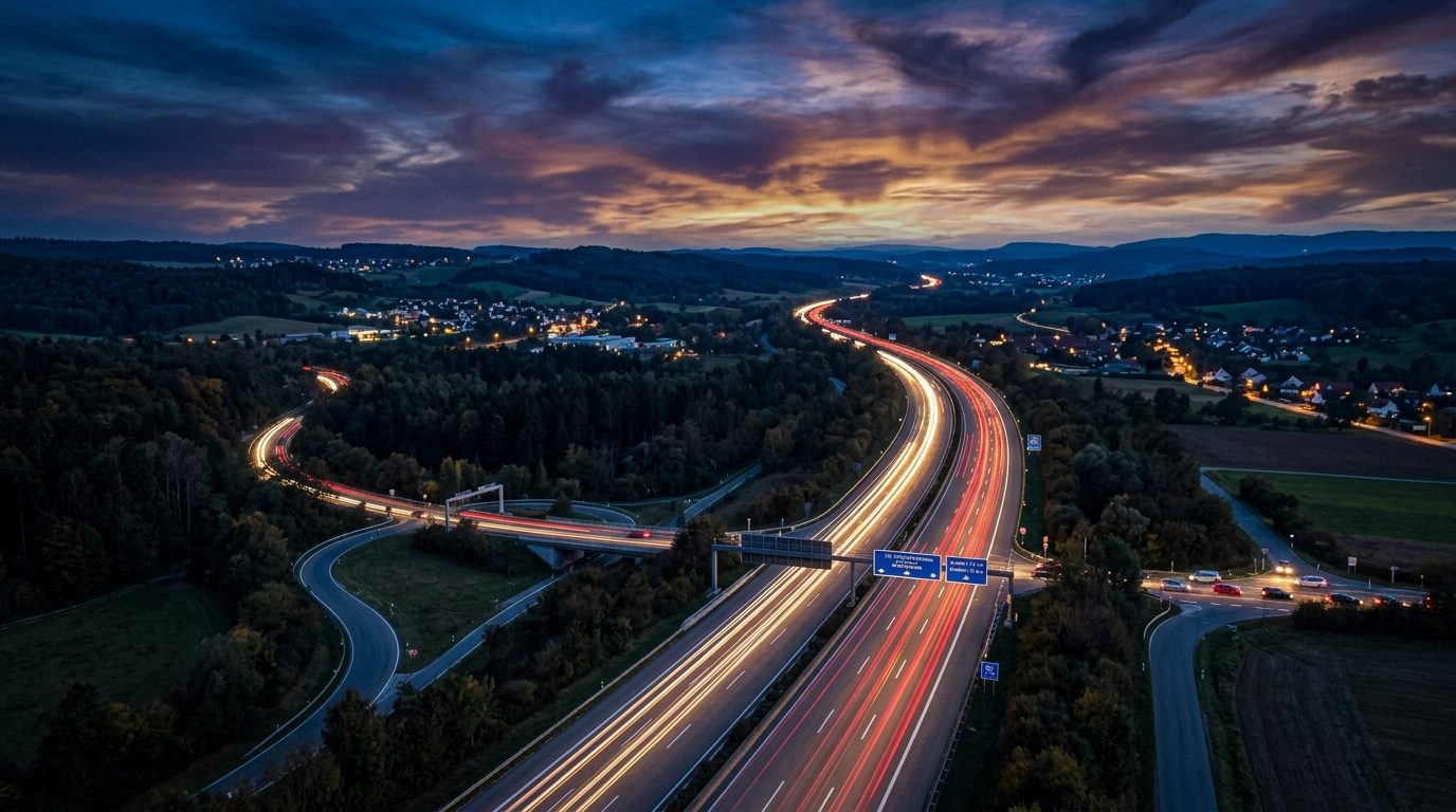 Vogelperspektive einer deutschen Autobahn in der Abenddämmerung